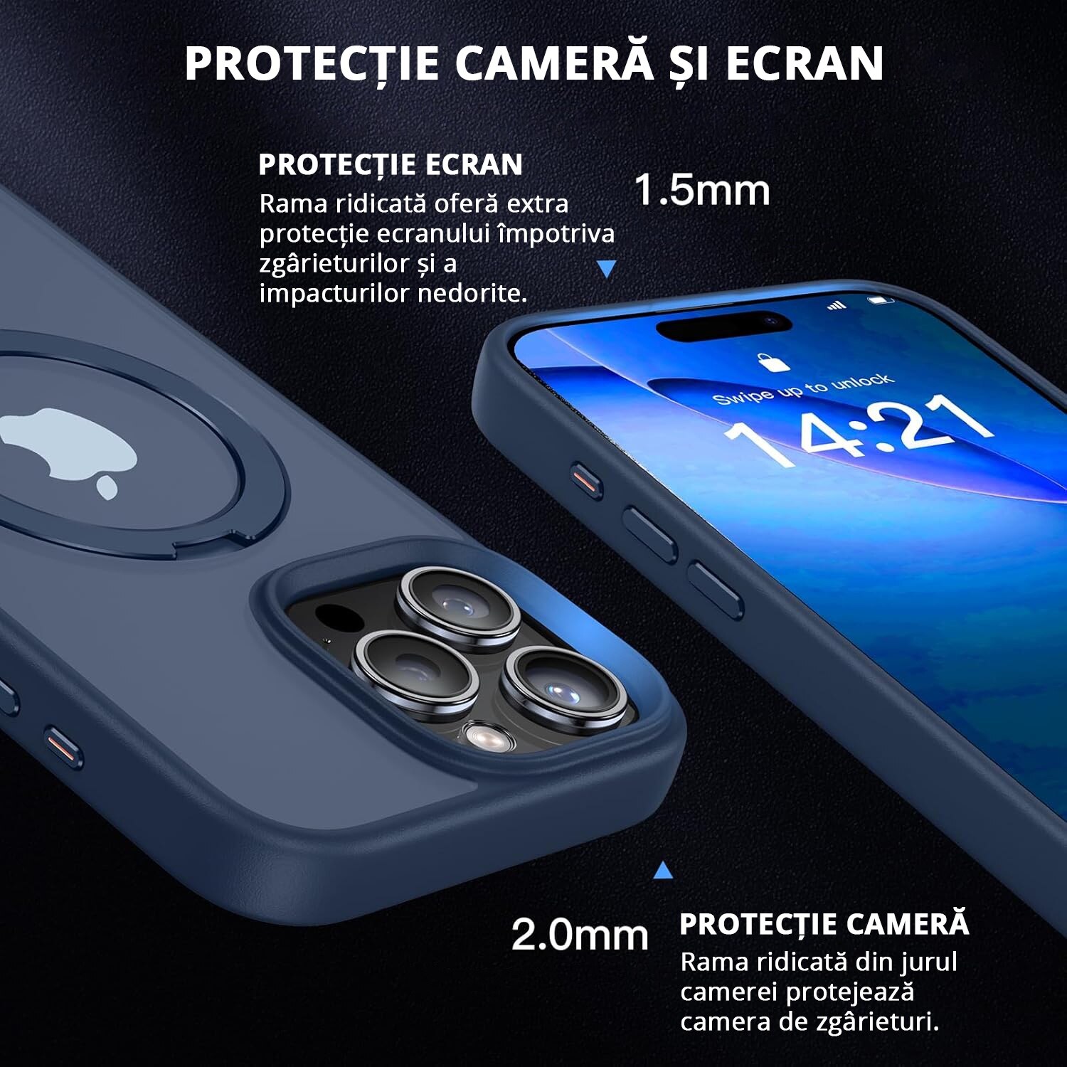 Husa Magnetica pentru iPhone 16 PRO, MobileSmart, Protectie Militara Antisoc, Suport Rotativ 360° MagSafe, Blue