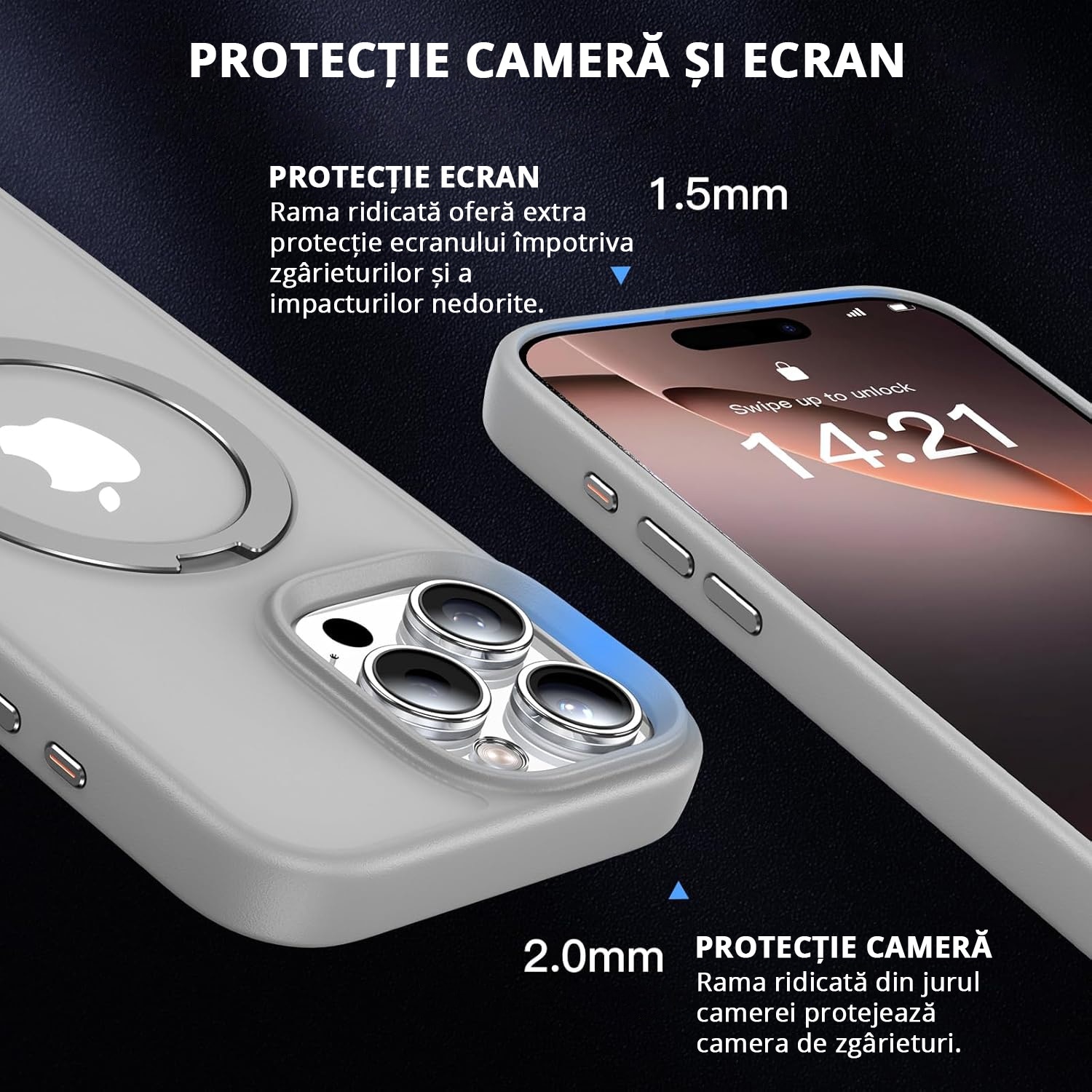 Husa Magnetica pentru iPhone 16 PRO MAX, MobileSmart, Protectie Militara Antisoc, Suport Rotativ 360° MagSafe, Gri
