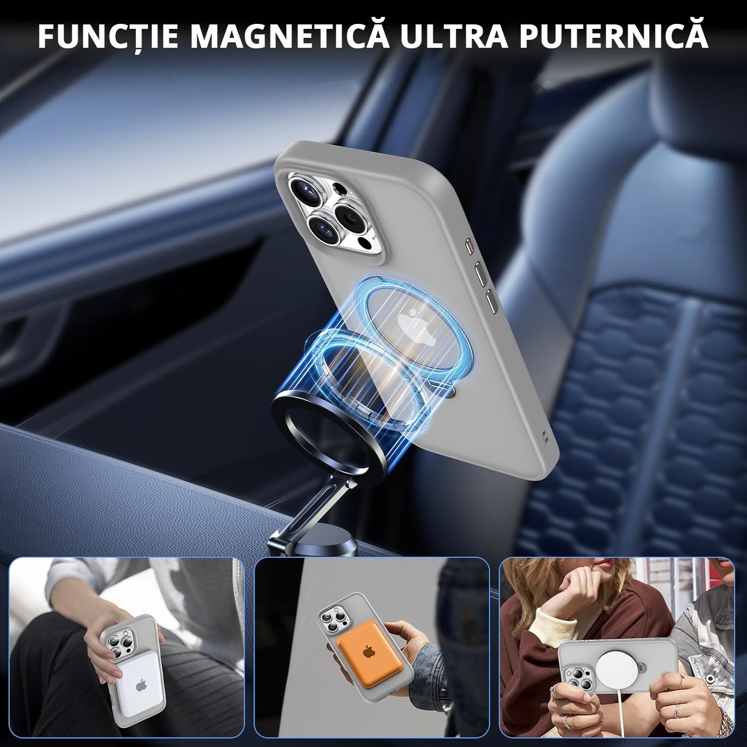 Husa Magnetica pentru iPhone 16 PRO MAX, MobileSmart, Protectie Militara Antisoc, Suport Rotativ 360° MagSafe, Gri