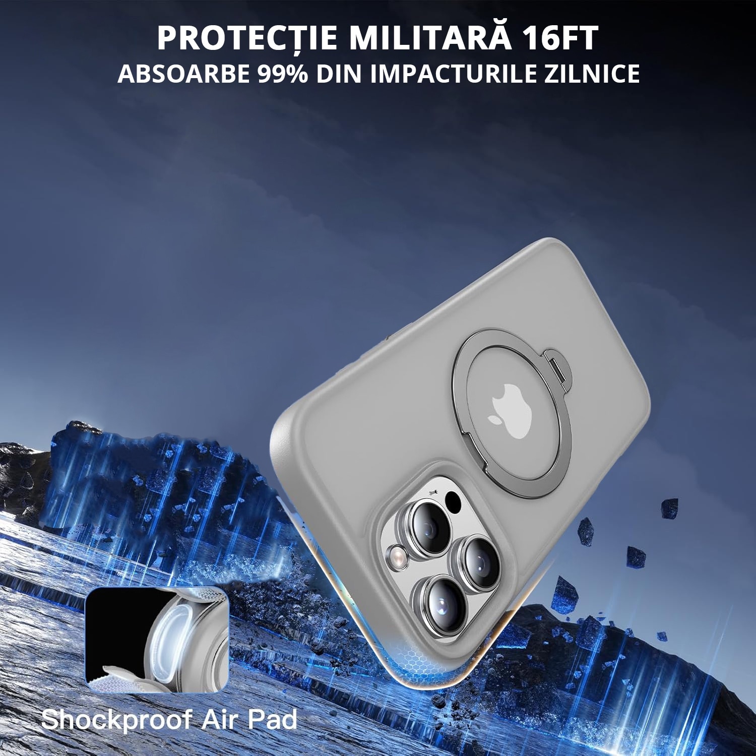 Husa Magnetica pentru iPhone 16 PRO MAX, MobileSmart, Protectie Militara Antisoc, Suport Rotativ 360° MagSafe, Gri