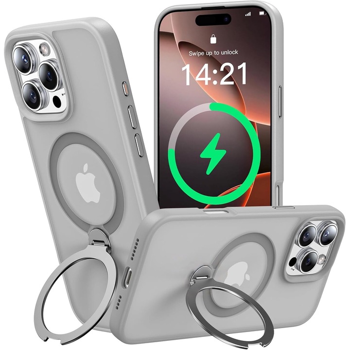 Husa Magnetica pentru iPhone 16 PRO, MobileSmart, Protectie Militara Antisoc, Suport Rotativ 360° MagSafe, Gri