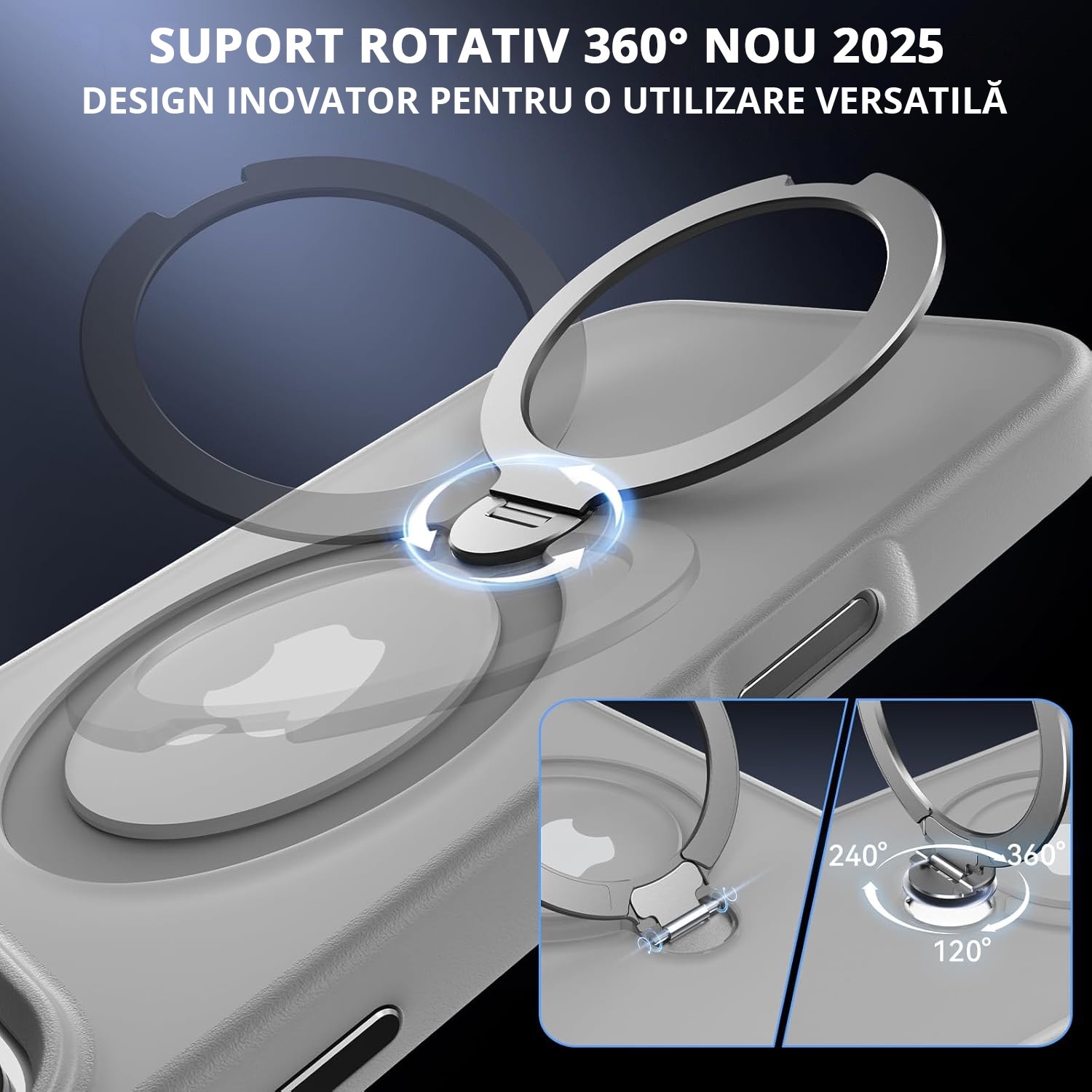 Husa Magnetica pentru iPhone 16 PRO MAX, MobileSmart, Protectie Militara Antisoc, Suport Rotativ 360° MagSafe, Gri