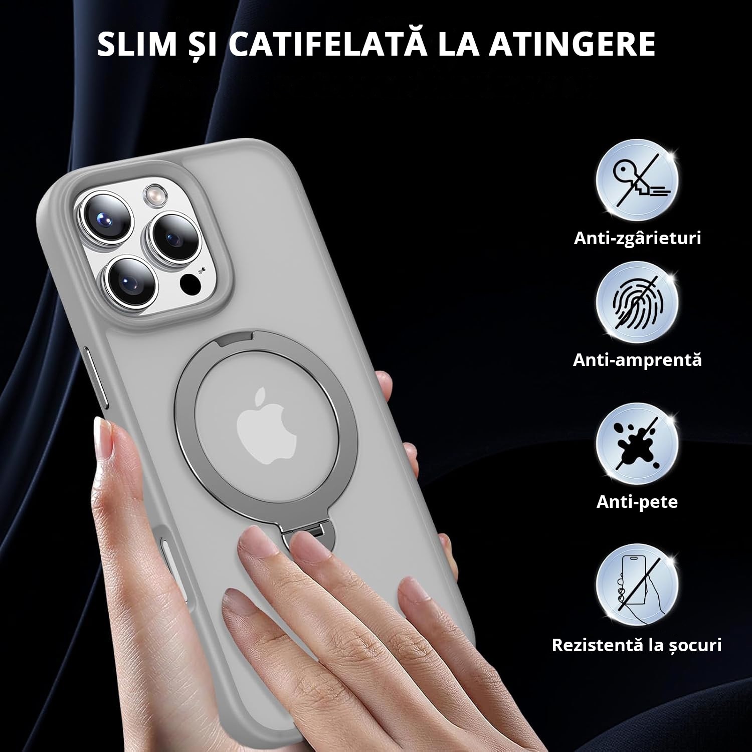 Husa Magnetica pentru iPhone 16 PRO MAX, MobileSmart, Protectie Militara Antisoc, Suport Rotativ 360° MagSafe, Gri