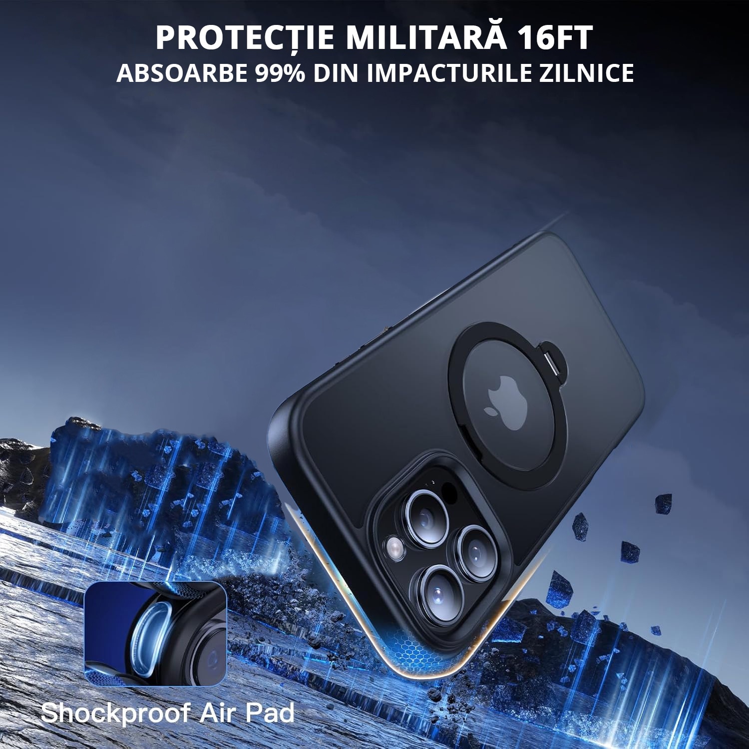 Husa Magnetica pentru iPhone 16 PRO MAX, MobileSmart, Protectie Militara Antisoc, Suport Rotativ 360° MagSafe, Negru