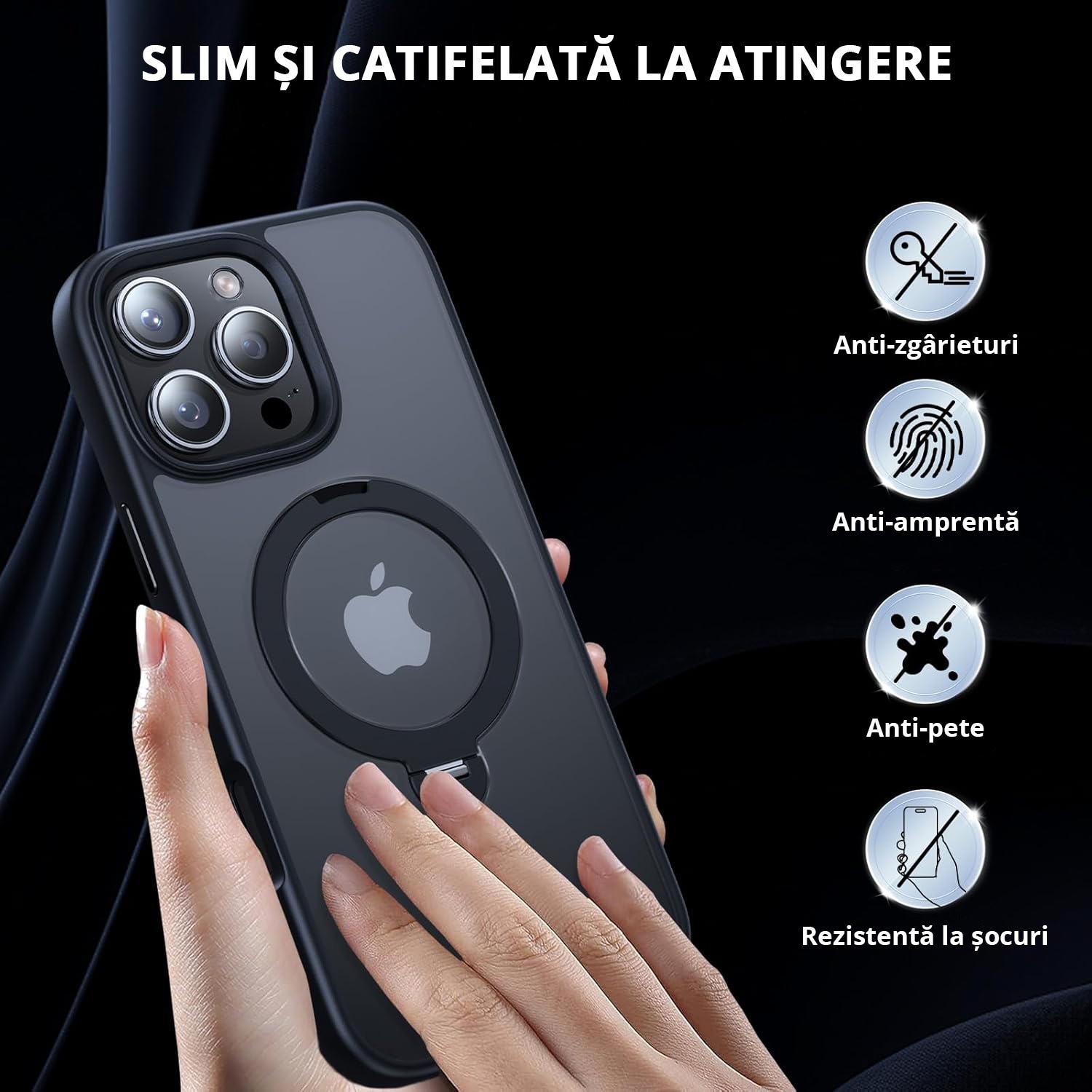 Husa Magnetica pentru iPhone 16 PRO MAX, MobileSmart, Protectie Militara Antisoc, Suport Rotativ 360° MagSafe, Negru