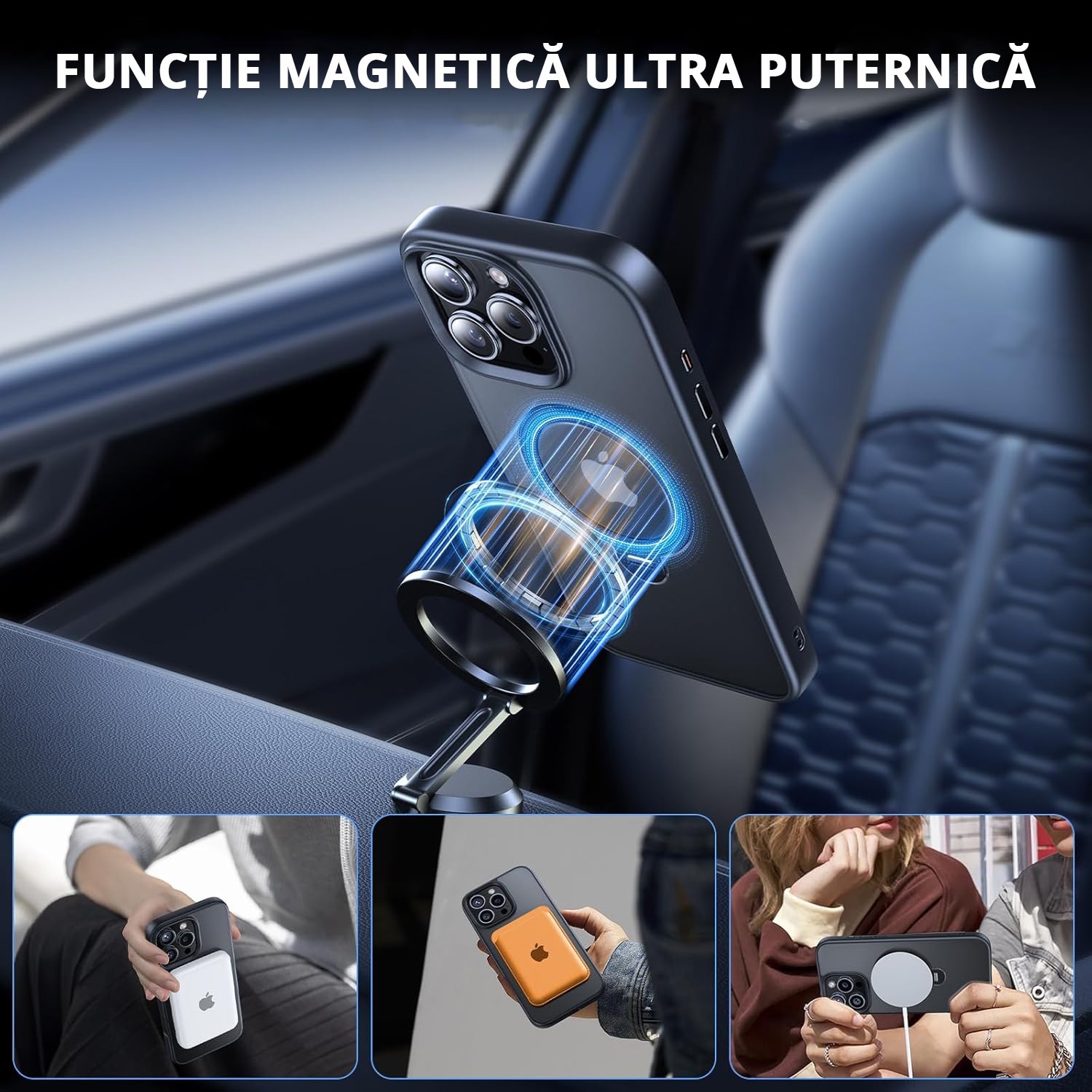 Husa Magnetica pentru iPhone 16 PRO MAX, MobileSmart, Protectie Militara Antisoc, Suport Rotativ 360° MagSafe, Negru