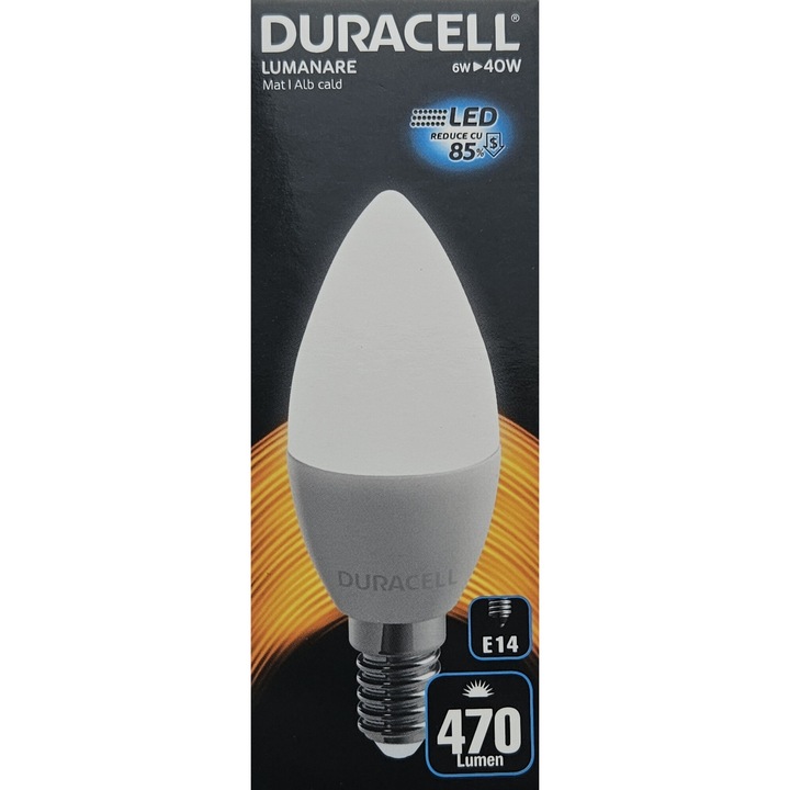 Duracell LED крушка тип свещ, матова, E14, 6W еквивалент на 40W, 20 000 часа, топла светлина, кутия
