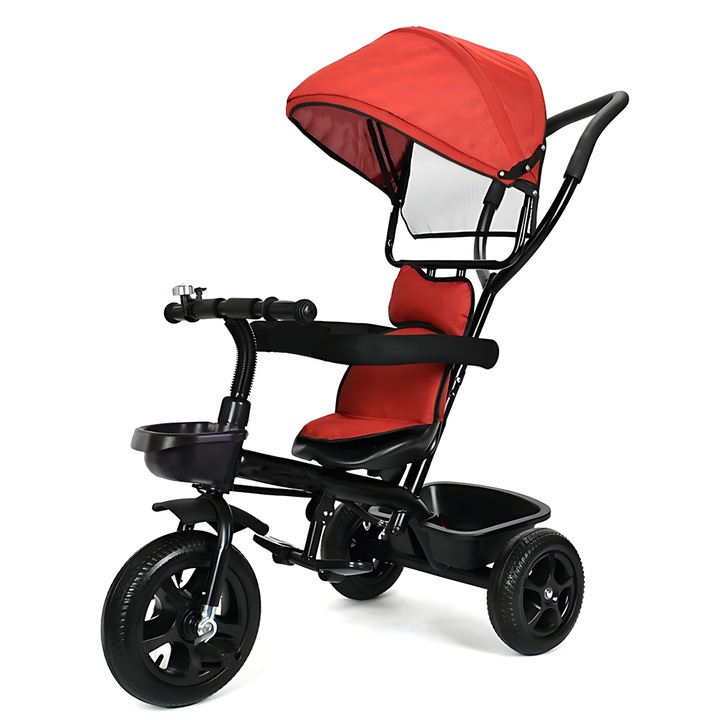 Детска триколка Teno® 6 в 1, предпазители, прибиращ се сенник, възглавница за глава, предни и задни кошове за съхранение, UV защита, поставка за крака, педали, максимално тегло 25 кг, червен