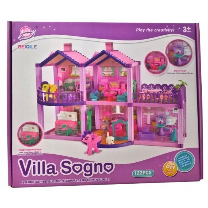 Casa de papusi Bobo-San Villa Songo, 3 camere, terasa, 57x39x22cm, set cu 2 papusi si caine