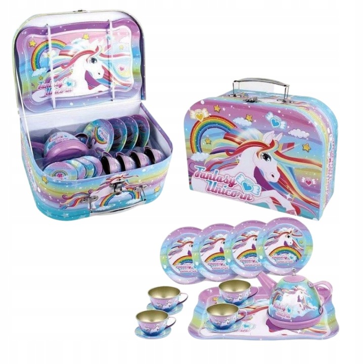 Gyermek teáskészlet, ProNice, egyszarvú témájú, 14 darabos, többszínű, bőröndben