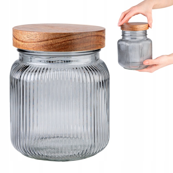 Recipient Din Sticla, Borcan Cu Nervuri, 1L, Pentru Alimente, Cafea, Faina, Capac Din Lemn