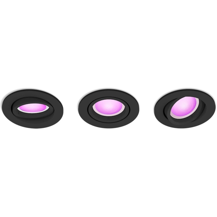 Комплект 3 смарт спота Philips Hue RGBW LED, Bluetooth, Zigbee, GU10, 3x4.2W, 1200 lm, Бяла и цветна светлина (2000-6500K), IP20, Черен, Енергиен клас E
