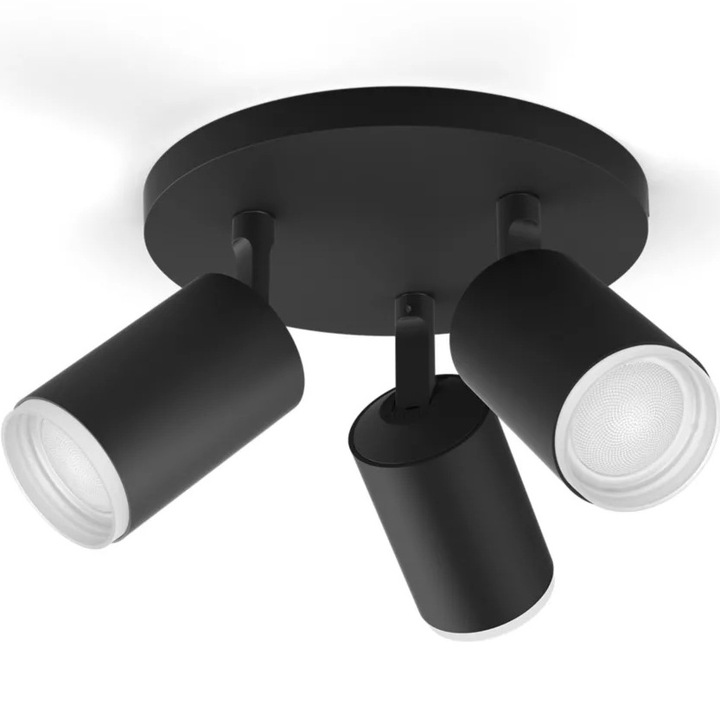 Смарт LED RGBW спот Philips Hue Fugato, Троен , Bluetooth, Zigbee, 3xGU10, 3x4.2W, 1200 lm, Бяла и цветна светлина (2000-6500K), 19.5x15.3 см, Метал, Черен, Енергиен клас E
