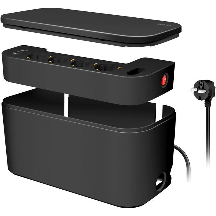 Разклонител Logilink LPS282U, Кабелна кутия, 5 гнезда, 2xUSB-A, 1xUSB-C, DC 5 V/3,4 A (17 W макс.), Светещ ключ, Защита от претоварване, IP20, H05VV-F 3G 1,5 мм², 1,5 м, Черен
