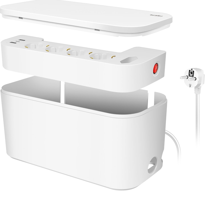Разклонител Logilink LPS281U, Кабелна кутия, 5 гнезда, 2xUSB-A, 1xUSB-C, DC 5 V/3,4 A (17 W макс.), Светещ ключ, Защита от претоварване, IP20, H05VV-F 3G 1,5 мм², 1,5 м, Бял