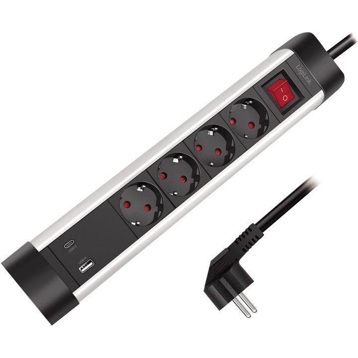 Разклонител Logilink LPS278U, 4 гнезда, 1x USB-C PD 3.0, 1x USB-A QC 3.0, 20W, Светещ превключвател, IP20, H05VV-F 3G 1.5 мм², 1.5 м, Алуминий, Черен/Сребрист