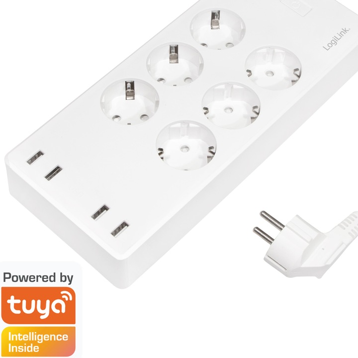 Смарт разклонител Logilink SH0105, Wi-Fi, 6 гнезда, 4x USB-A, 20W, Защита от свръхток/пренапрежение/прегряване/късо съединение, IP20, H05VV-F 3G 1.5 мм², 1.8 м, Бял