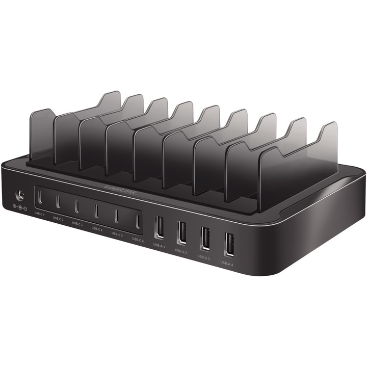 Разклонител Logilink PA0327, 4xUSB-A 6xUSB-C PD QC3.0 120W, LED индикатор, Защита от претоварване, 1.2 + 1 м, Черен