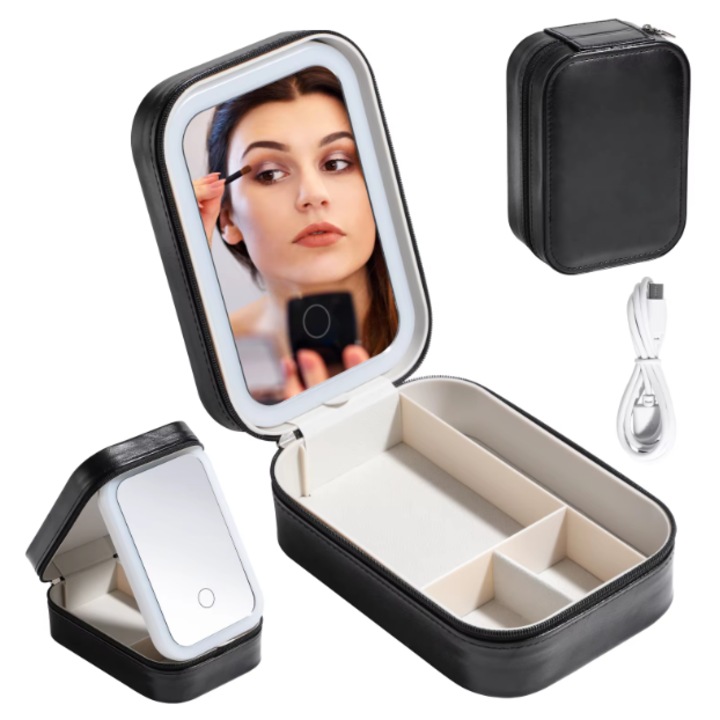 Geanta Lux Cosmetice Machiaje si Bijuterii cu Lumina LED Reglabila Recomandat Pentru Calatorii, Neagra