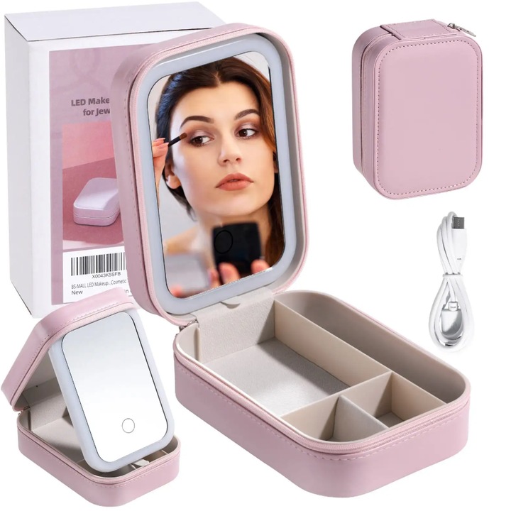 Geanta Lux Cosmetice Machiaje si Bijuterii cu Lumina LED Reglabila Recomandat Pentru Calatorii, Roz