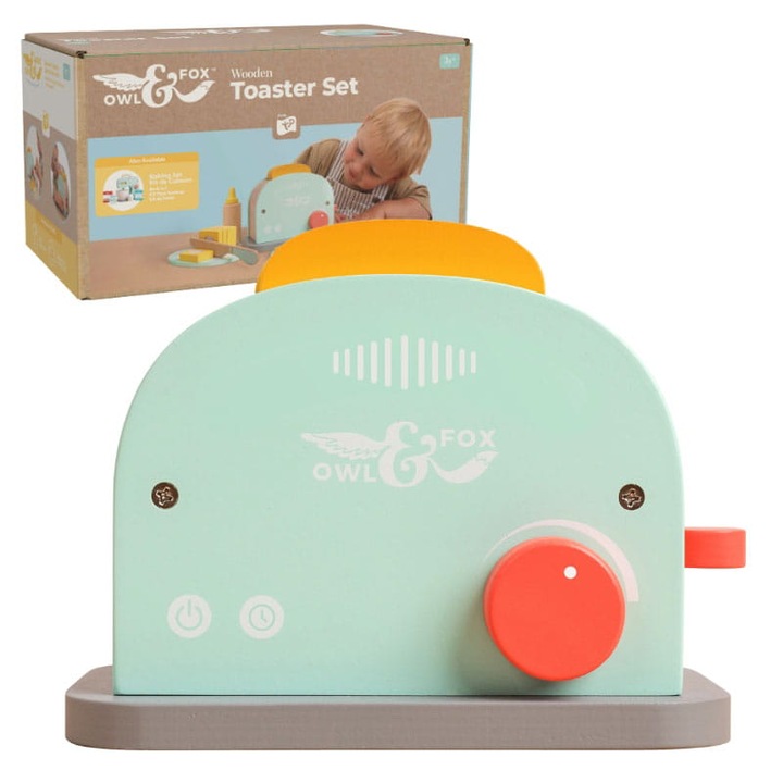 Fa kenyérpirító, bagoly és róka, készlet tartozékokkal, Montessori, zöld