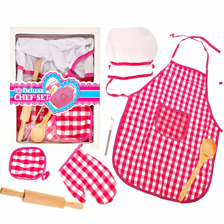 Promerco lányos konyhai játékkészlet, modern dizájn, kötény, kesztyű, motorháztető és tartozékok mellékelve, Prémium anyagok, nem mérgező, ellenálló, fehér/rózsaszín, +4 év