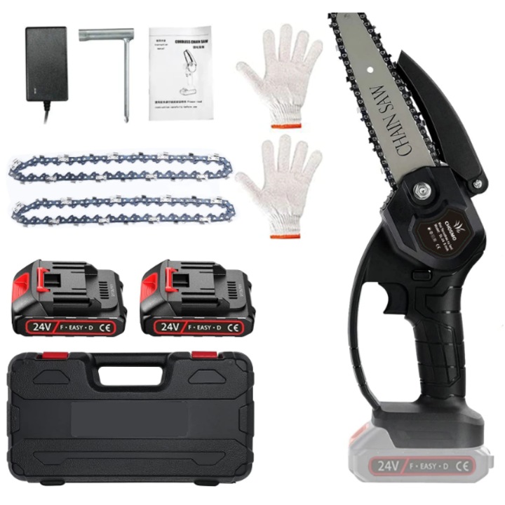 Mini fierastrau cu lant electric portabil/ Drujba, 24V, 1500mAh, 2 Baterii, 2 Lanturi, Negru