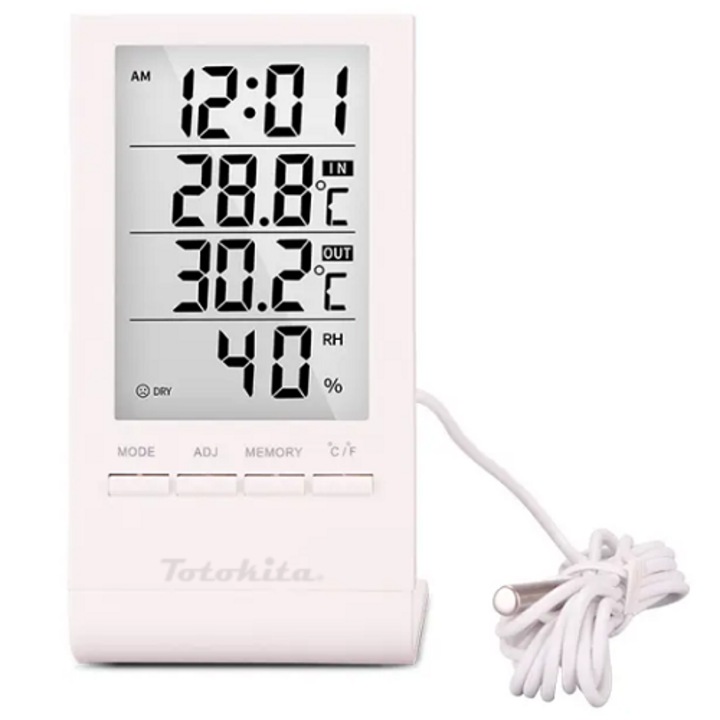 Totokita® digitális hőmérő, nedvességmérő, szonda, beltéri és kültéri, többfunkciós, fehér