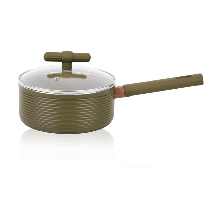 Alumínium serpenyő, fedővel, tapadásmentes belsővel, indukciós főzőlappal kompatibilis, 16x7,50 cm, 1,30 l