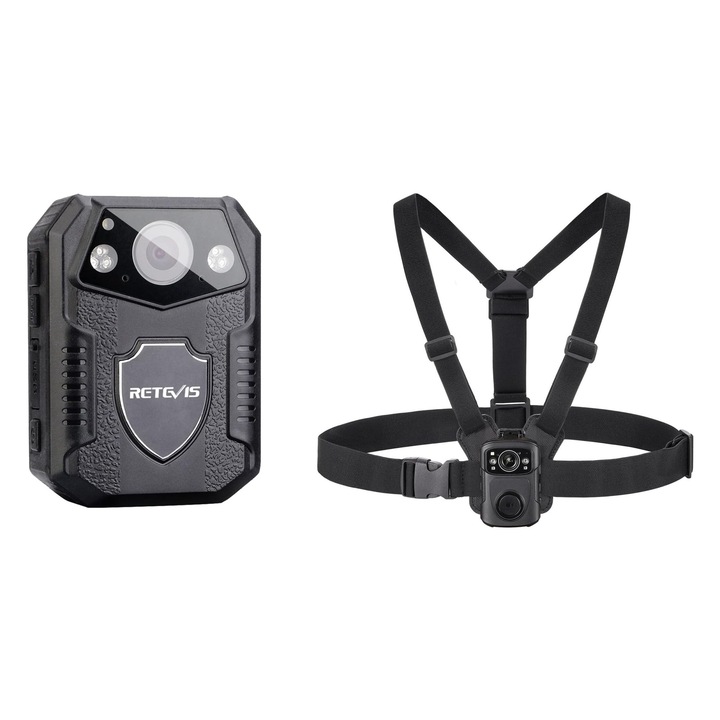 Set Camera video corporala Body Camera cu ham pentru piept, camera de actiune 21MP, HD 1080P, Nightvision IR, detectare miscare, camp vizual 150°, baterie 2650 mAh, impermeabila IP54, neagra