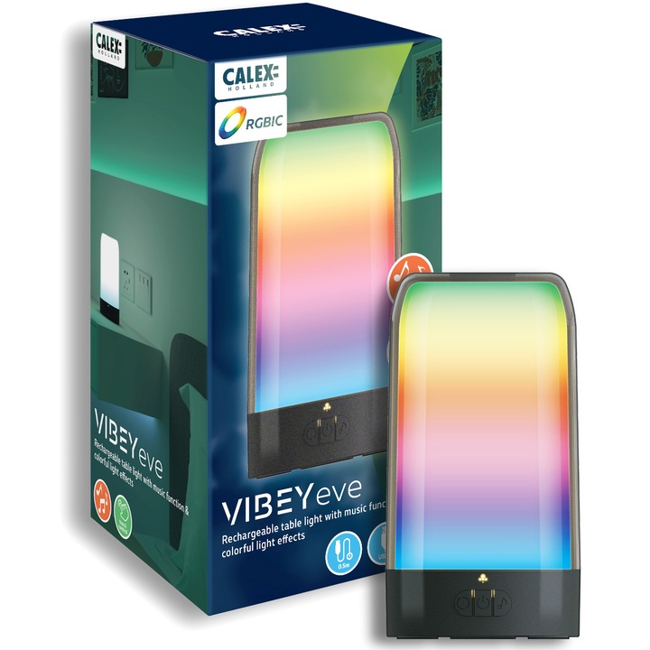 Lampa de masa/birou LED RGBIC Calex Vibey Eve, reincarcabila, touch control, sincronizare muzica, USB-C, acumulator 2400 mAh, Negru