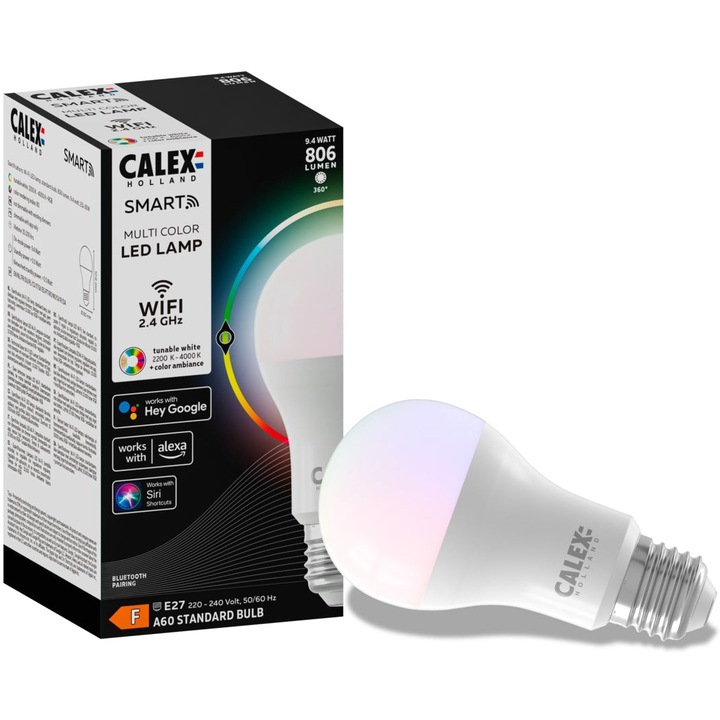 Смарт LED RGB крушка Calex, Wi-Fi, Bluetooth, A60, E27, 9.4W, 806 lm, Димируема, Бяла и цветна светлина, Енергиен клас F