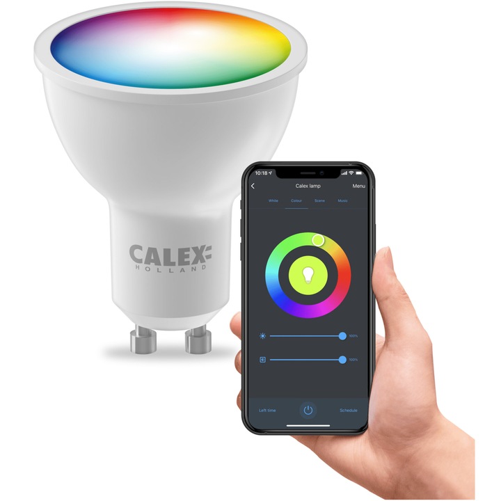 Bec LED RGB inteligent Calex Smart, Wi-Fi, Bluetooth, GU10, 4.9W, 345 lm, lumina alba si colorata, compatibil Google Assistant si Alexa, Clasa energetica G