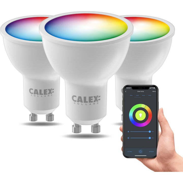 Комплект 3 интелигентни крушки RGB LED Calex, Wi-Fi, Bluetooth, GU10, 4.9W, 345 лумена, Бяла и цветна светлина, Енергиен клас G