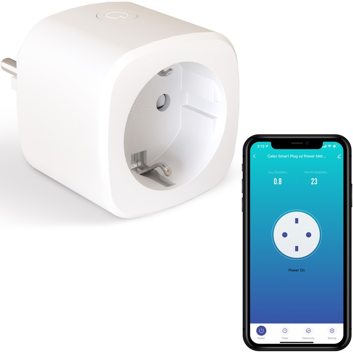 Priza inteligenta Calex, Wi-Fi, 16A, 3600W, IP20, contorizare energie, temporizator pornire/oprire, compatibil Amazon Alexa si Google assistant, Alb