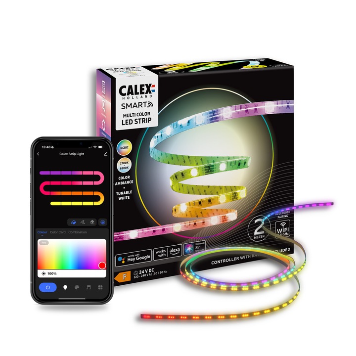 Смарт LED RGBIC+CCT лента Calex, Wi-Fi, Bluetooth, 12W/24W, 700 lm, Бяла и цветна светлина (2700-6500K), IP20, 2 м, Енергиен клас F