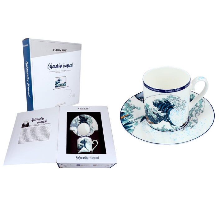 Set cana cu farfurie, CARMANI, portelan, alb/albastru