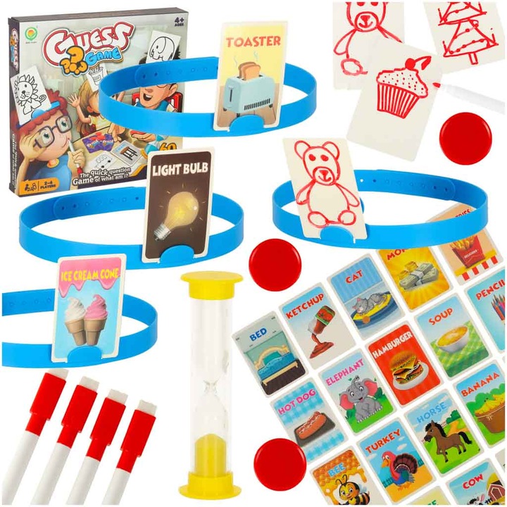 Társasjáték Kim jestem! Zgadnij Rysowanie, 2-4 játékos, 5+, 54 kártya készlet, 4 fejpánt, 4 marker, 20 token, 27x26x4cm