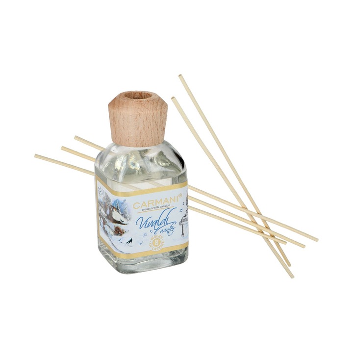 Szobaillatosító 100ml, rattanpálcikával, Vivaldi: Négy évszak-tél (Vanilla & Black Pepper) – Carmani