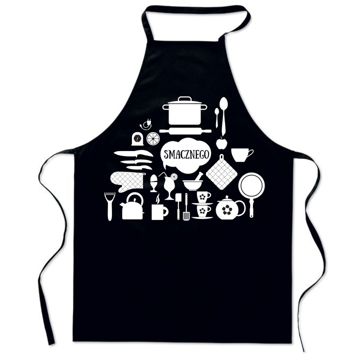 Sorturi bucatarie PoStar, fartuch negru cu imprimeu SMACZNEGO, bumbac