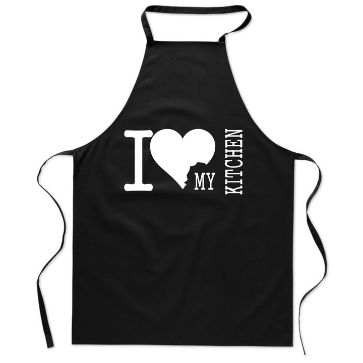Sorturi bucatarie PoStar, Fartuch negru cu imprimeu I LOVE MY KITCHEN, unisex