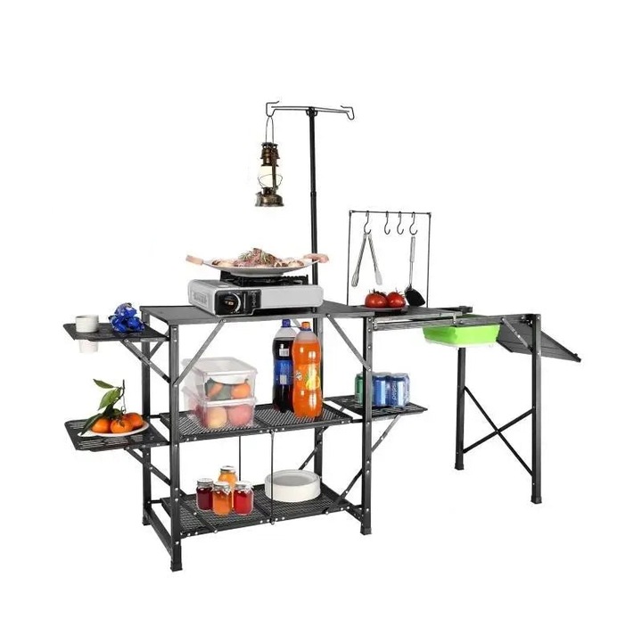 Camping főzőasztal Vevor, mosogató, alumínium, 174x50x160cm, kapacitása 40kg, fekete