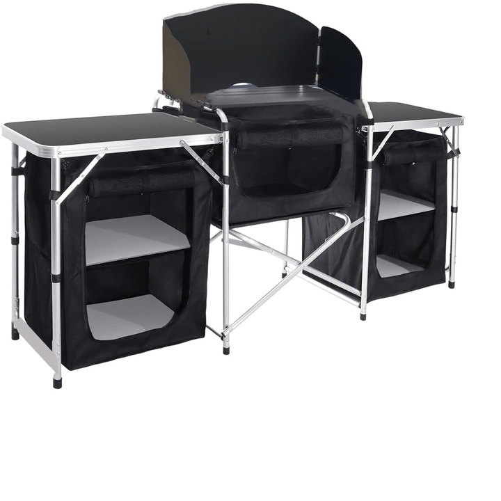 Сгъваема къмпинг маса, черна, 120x60x90 см, с стойка за лампа, комплект аксесоари