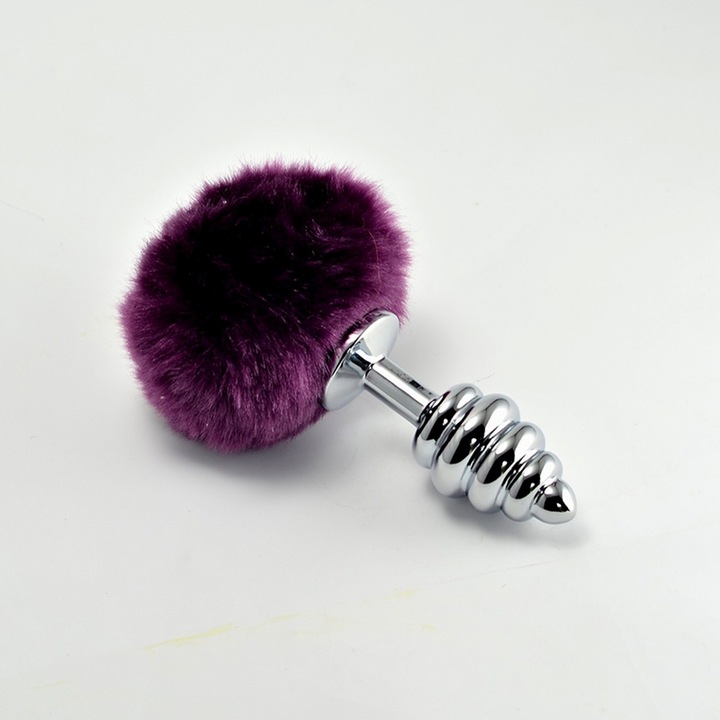 LOVETOY anális játék, spirál fém dugóval, fehér pompon 8cm, nikkelmentes