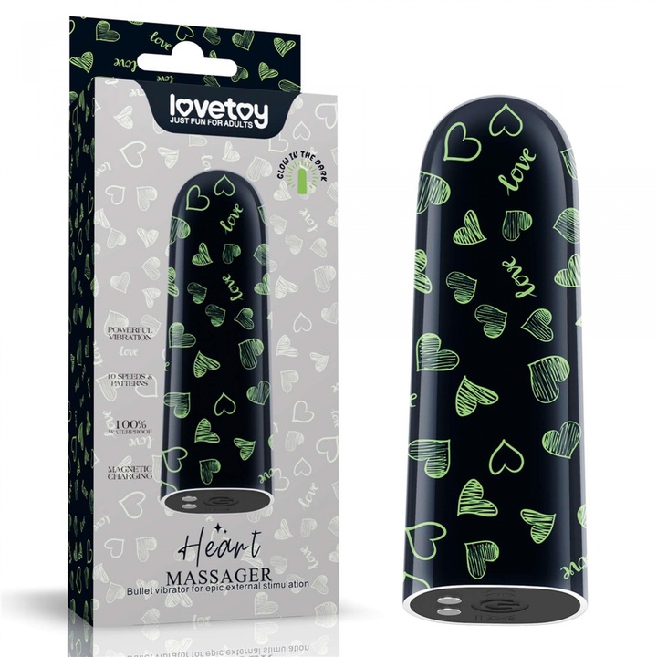 USB зареждащ масажор, LOVETOY, дизайн във формата на сърце, 10 функции, 1x3.3 инча, зелен