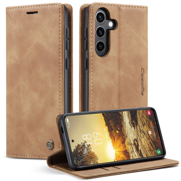 Husa pentru Samsung Galaxy S24 FE, CaseMe, slim piele, tip portofel, stand, inchidere magnetica, textura catifelata, Maro