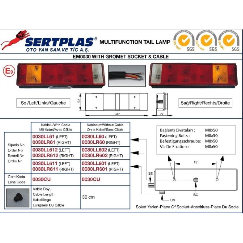 Lampa spate 465x130, 8 functii, cu cablu, stanga, L.0030.LL61 Sertplas/ FT-028L/LT250cab Promot