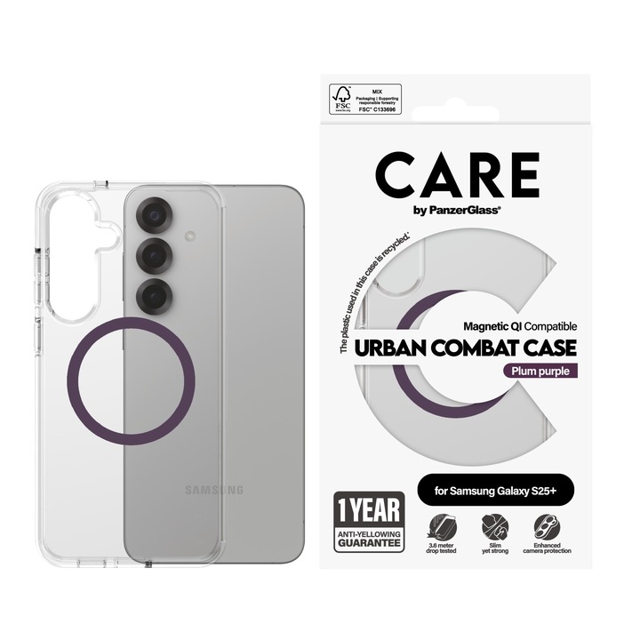 Калъф Care by PanzerGlass за Samsung Galaxy S25 Plus, Flagship Case, Прозрачен, Urban Combat, QI Compatible, Plum Purple