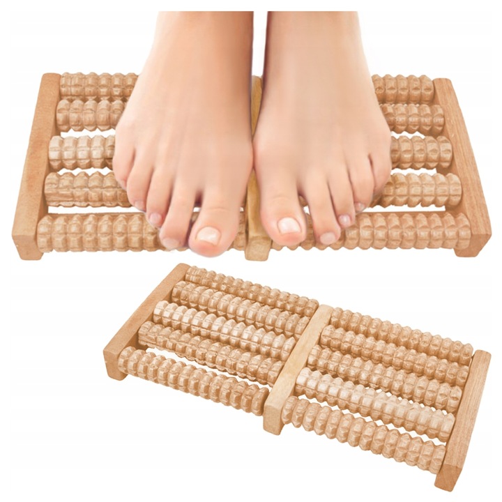 Set 2 aparate de masaj pentru picioare, 10 role, din lemn, 26,5x15x3,5cm