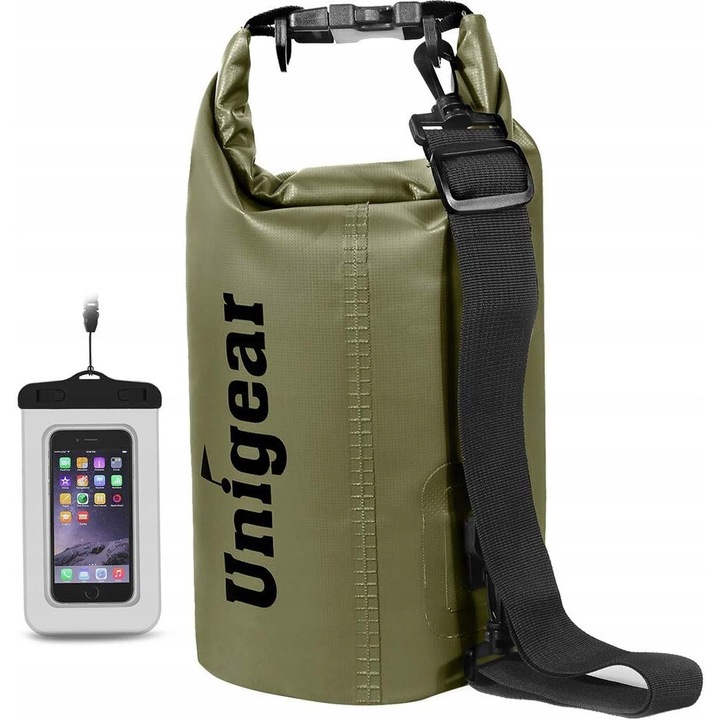 Sac impermeabil Unigear 30L, verde, pentru camping si sporturi nautice, cu curea de transport, rezistent la apa